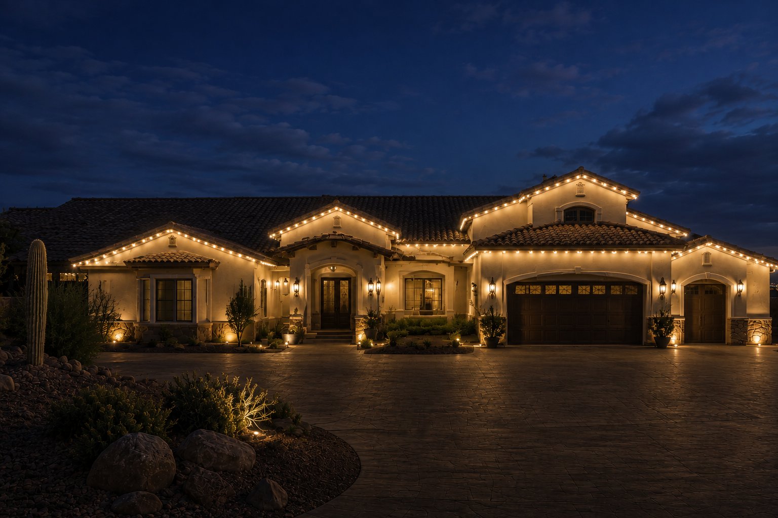 Permanent LED lighting on a Central Coast home at dusk